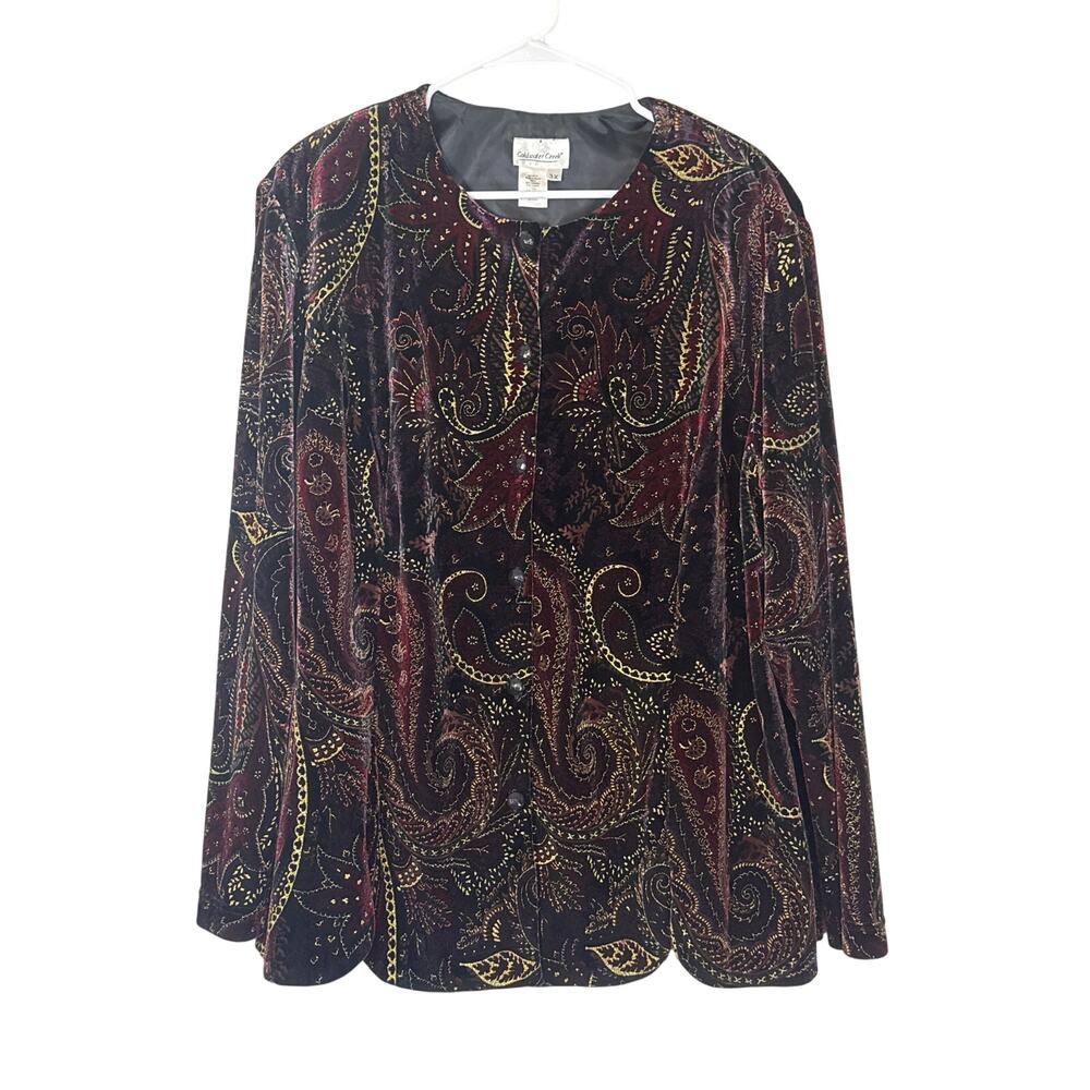 Coldwater Creek Velvet Paisley Print Jacket Burgundy Red Gold Glitter Womens 3X